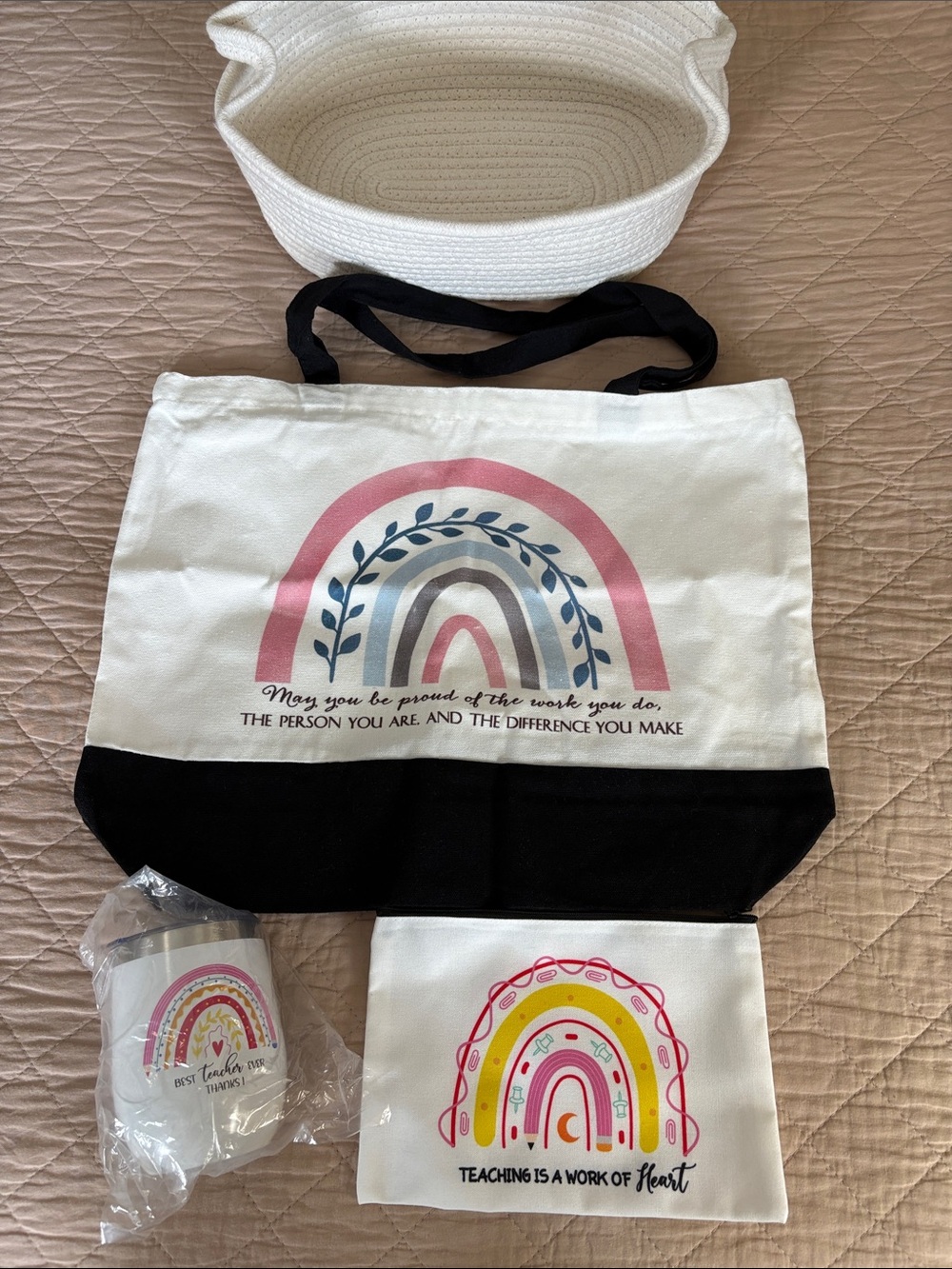 NWOT!! TEACHER GIFT SET: ZIP TOTE, ZIP POUCH, DRINK TUMBLER & BASKET FOR IT ALL!
